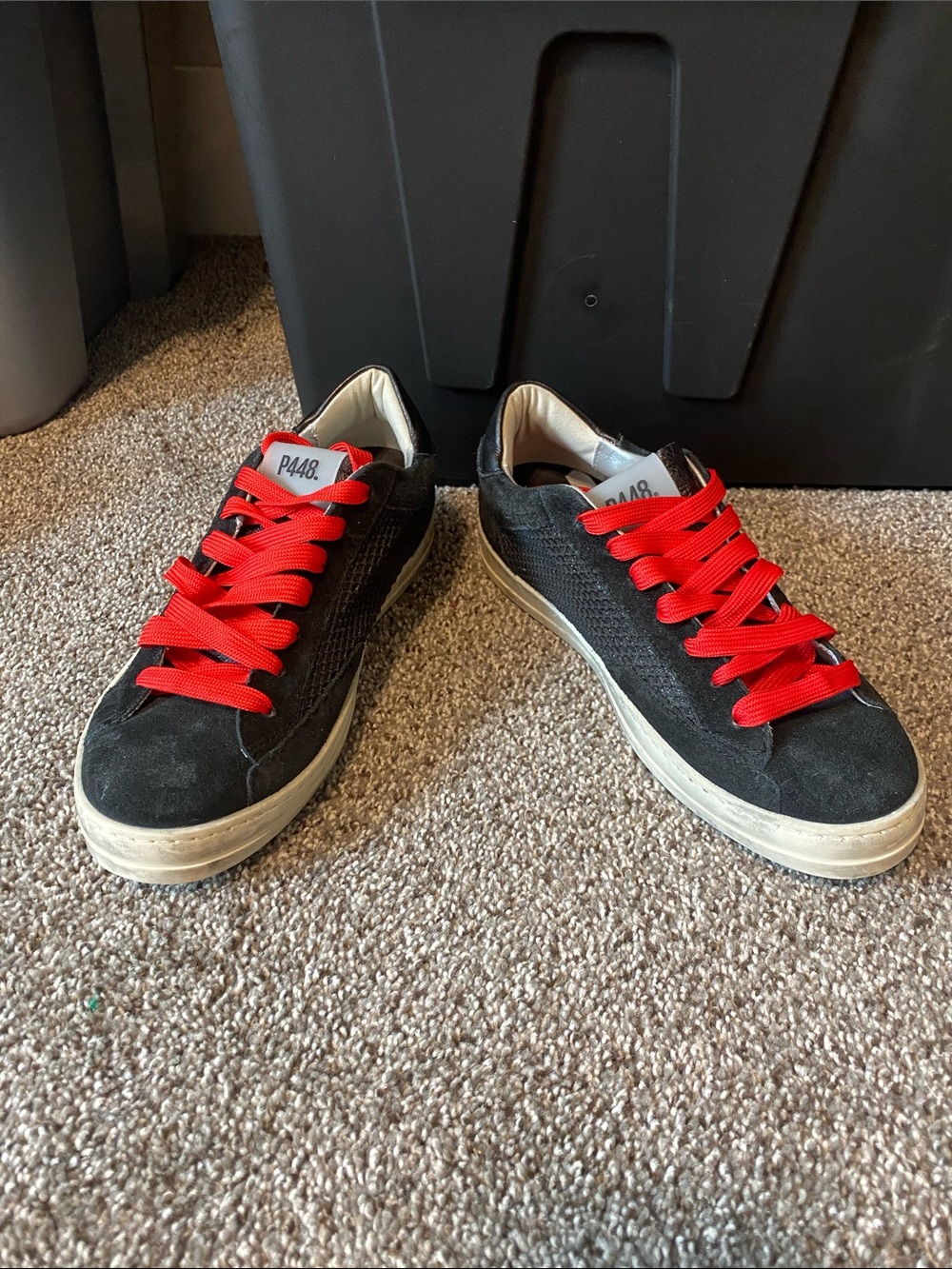 P448 Women's Black Suede Low-Top Sneakers with Red Laces